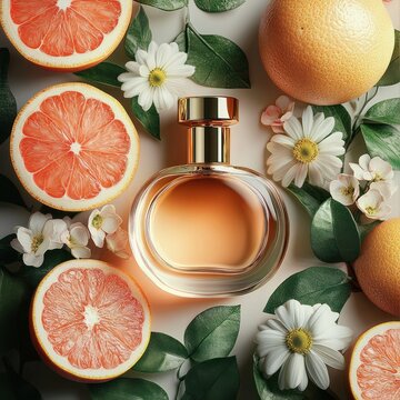 elegant glass perfume bottle surrounded by halved grapefruits, whole citrus fruits, white daisies and small blossoms with green leaves, evoking fresh zesty luxury