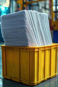 Tall stack of white paper sheets overflowing a yellow plastic crate in a bright industrial workspace conveying orderliness and productivity