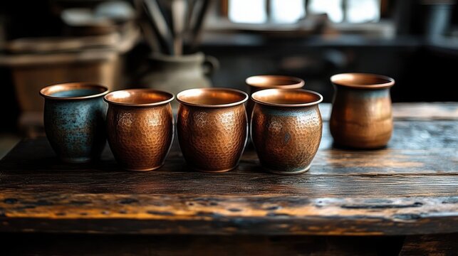 row of hammered copper cups on a weathered wooden table with a blurred kitchen background in warm inviting light