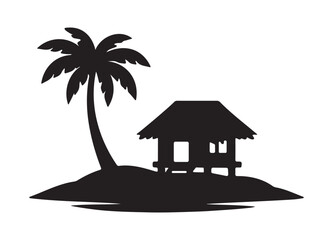 Tropical island silhouette vector with palm tree and beach hut on white background © AyonKumar