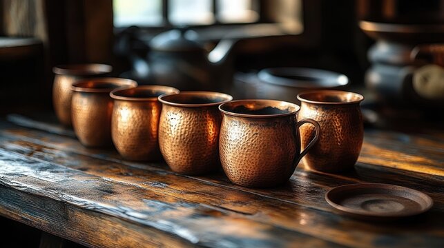 row of hammered copper mugs on a weathered wooden table by a window, warm cozy rustic atmosphere