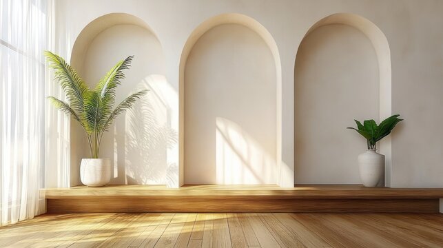Sunlit minimalist interior with three arched wall niches, raised wooden platform and floor, sheer curtains, two potted green plants, and a serene peaceful atmosphere