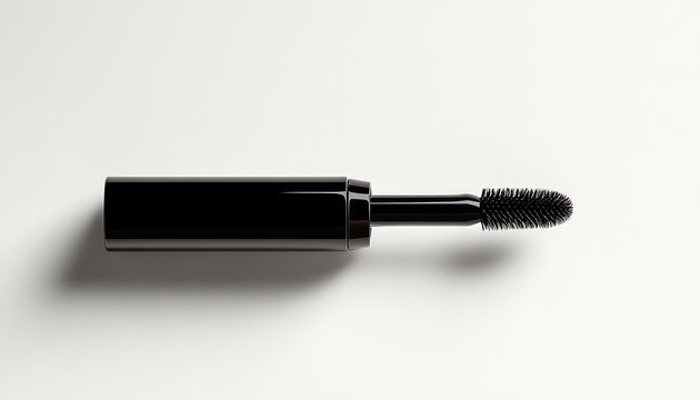 sleek black mascara wand with textured bristles on clean white background conveying elegant minimalism