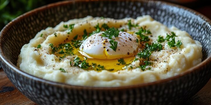Creamy mashed potatoes in a textured ceramic bowl topped with a runny poached egg, golden olive oil, chopped parsley and cracked black pepper, warm and comforting