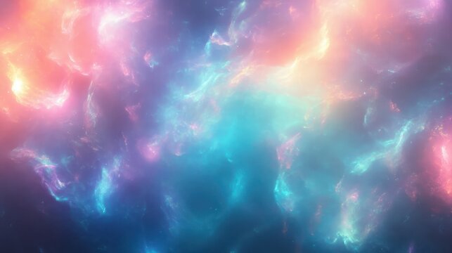 dreamy glowing cosmic nebula of swirling teal blue pink and orange clouds evoking wonder and serenity