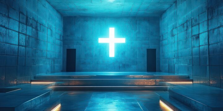 Minimalist concrete chapel interior with a glowing cross, raised platform, steps and dark doorways bathed in cool blue light, evoking solemnity, reverence and quiet contemplation