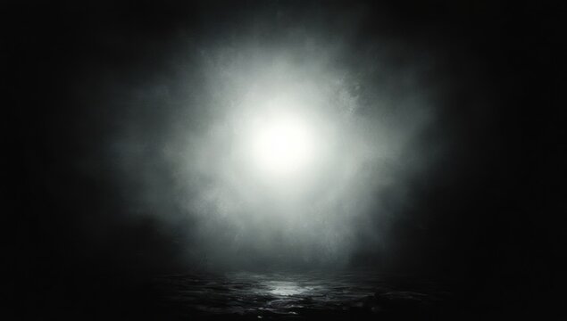 Solitary glowing light through dense fog above a dark wet landscape, eerie and mysterious atmosphere