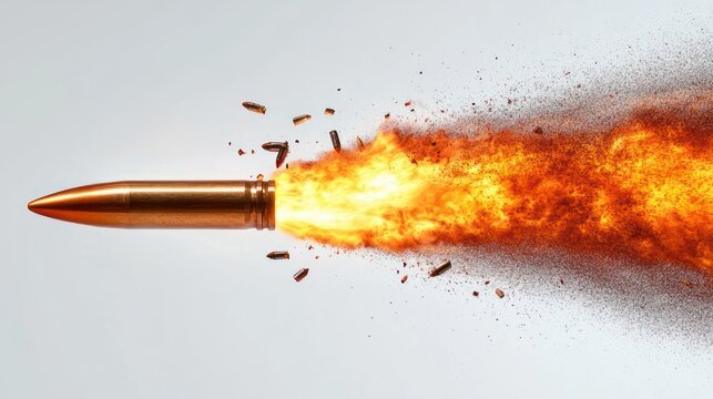 single copper bullet flying with a blazing fiery trail, sparks and metal fragments exploding behind it conveying intense speed and destructive power