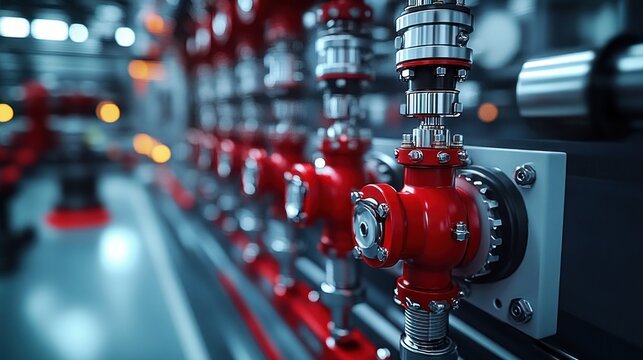Close-up row of glossy red industrial valves and stainless steel piping in a high-tech mechanical room, sleek reflective surfaces and bokeh lighting conveying precision and controlled efficiency