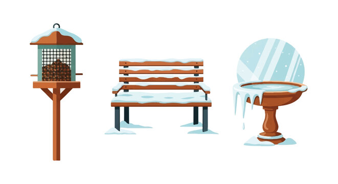 Snowy scene with bird feeder, bench, and fountain outdoors in winter.