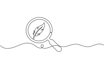 Obraz premium Feather Search Icon Continuous One Line Drawing Minimal Magnifying Glass with Quill Outline Vector Illustration