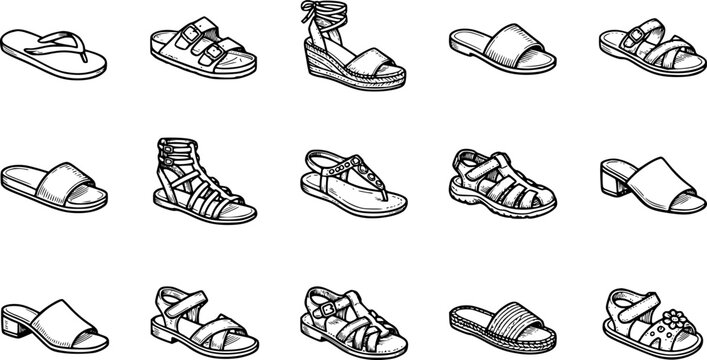 Koleksi Ilustrasi Sandal dan Sepatu Musim Panas Vintage Hitam Putih