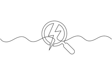 Obraz premium Energy Search Icon Continuous One Line Drawing Minimal Magnifying Glass with Flash Bolt Outline Vector Illustration