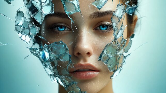 Close-up portrait of a young woman with vivid blue eyes and wet skin, face fragmented by floating shards of broken glass conveying fragile, melancholic resilience