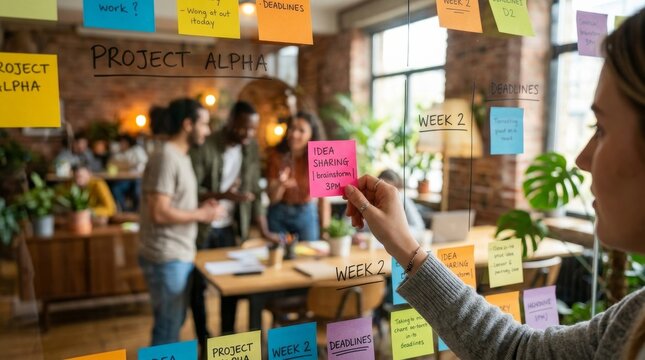 Team collaborates on project using sticky notes on glass wall