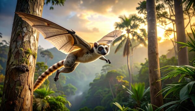 Sunda flying lemur with mottled fur gliding between tall tropical trees in a cinematic 16 to 9 widescreen banner, displaying incredible aerial agility during a golden hour sunset in the jungle.