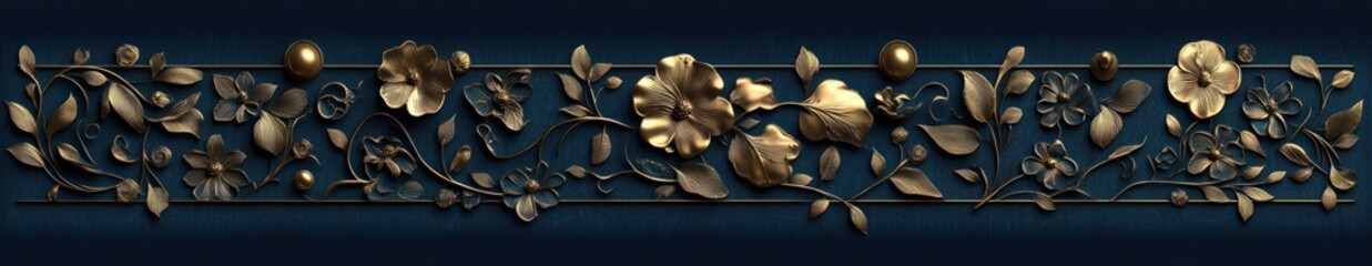 Fototapeta premium ornate golden floral relief panel with intertwined vines, leaves, blossoms, buds and spherical accents on deep blue textured background, evoking elegant luxury