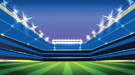 Futuristic soccer stadium illuminated by bright spotlights under a starry night sky with vibrant purple and orange gradient, a sports arena filled with atmosphere and anticipation for a game. © ymnd