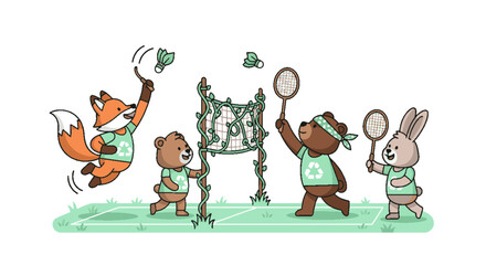 Fototapeta premium Cute cartoon animals playing badminton on a sunny day, promoting environmental awareness with recycling symbols.