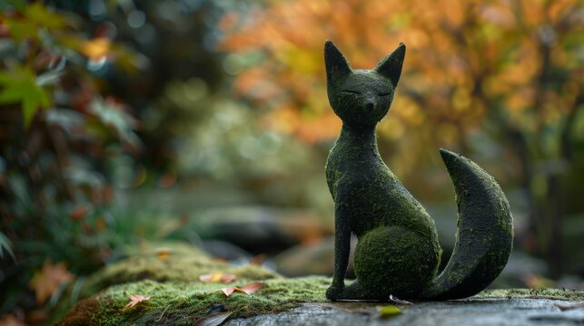 Small, moss-covered fox figurine sits on a mossy stone. Autumn leaves fall softly behind it in warm tones. The scene feels peaceful and serene, perfect for nature-themed projects