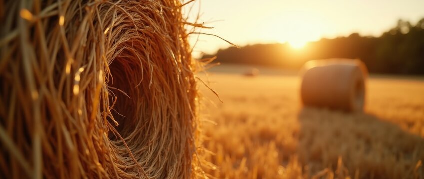 Close-up of a round hay bale glowing in golden hour light, with detailed straw texture and a softly blurred second bale in the field.

