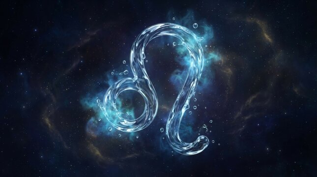Ethereal Leo symbol glows in cosmic swirls. Blue light dances through swirling space. Stars dot the dark, vast background. Celestial energy pulses with zodiac energy