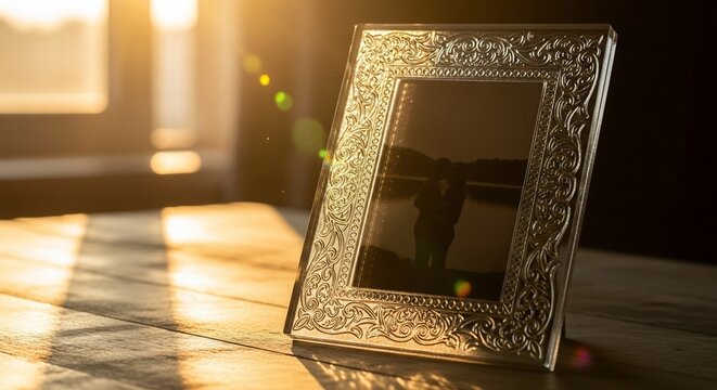 Ornate picture frame on wooden surface