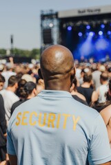 Fototapeta premium Rear view of a security guard monitoring a large outdoor music festival crowd, with blurred concert stage, blue lights and clear daytime sky.