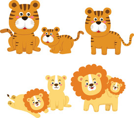 Obraz premium Cute Lions Family and Tiger Family Cartoon Illustration