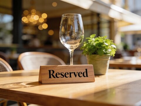 Minimalist Reserved sign on a light oak restaurant table with crystal glass and green plant, set against a sunlit bistro interior with warm bokeh.

