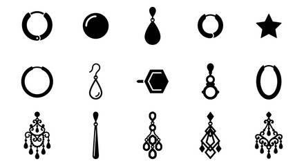 Minimalist earring icons set, 15 black jewelry vector elements, elegant fashion accessories collection, luxury stud and hoop earring silhouettes © Asset Aura