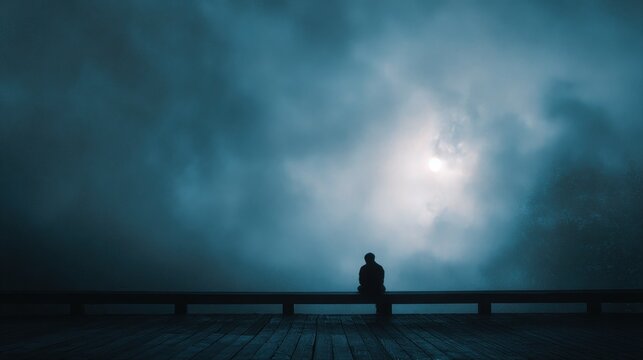霧の夜に桟橋で佇む人の影