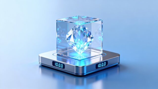 Diamond in glass cube on digital scale