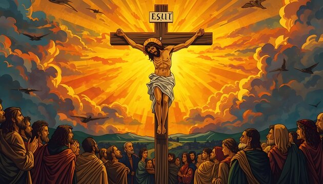 Jesus Christ crucifixion scene INRI sign disciples sunset divine light faith sacrifice redemption religious illustration concept