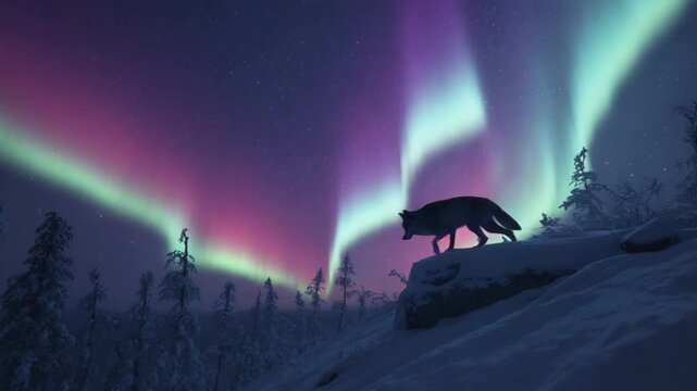 Majestic grey wolf standing on a snow covered mountain ridge under vibrant northern lights glowing in the starry night sky