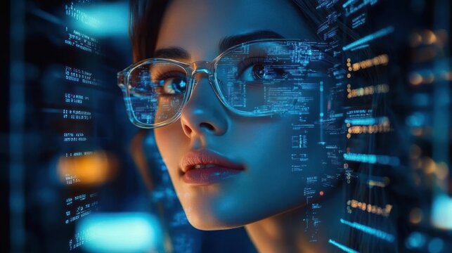 focused person wearing glasses reflected against glowing lines of code and warm server lights in a dark blue cyber environment conveying concentration