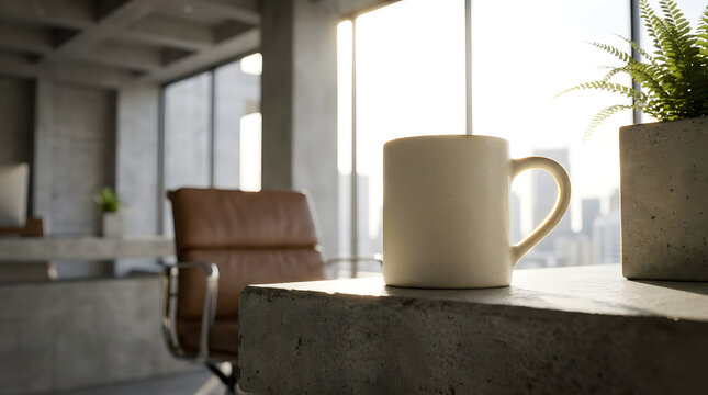 A minimalist workspace featuring a cup of coffee and plant with big windows overlooking a modern city