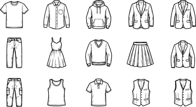 Koleksi Ilustrasi Pakaian Kasual dan Formal Vintage Hitam Putih