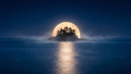 Obraz premium A serene moonlit ocean scene with a giant glowing full moon rising behind a tiny island, silhouette pine trees in the center, deep blue night sky filled with stars, calm water reflections, cinematic a