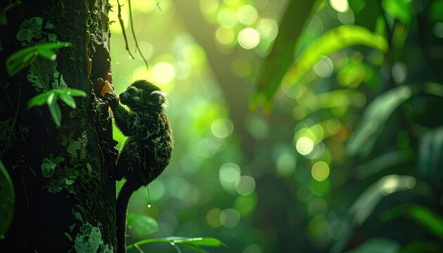 Tiny Pygmy Marmoset Clinging to a Mossy Tree Trunk while Feeding on Sap in a Lush Amazon Rainforest Setting, Captured in a Cinematic Widescreen Horizontal Format for Nature Content.