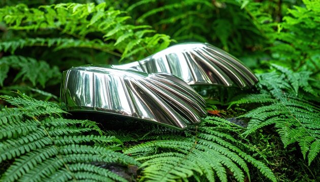 Polished steel medieval armor couters with fan like edges rest on damp ferns in a lush green forest, showcasing artisan craftsmanship and historical protective gear in a cinematic nature scene.