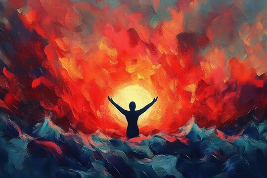 silhouette with outstretched arms rising from dark waves toward a blazing sun under a fiery red-orange textured sky, evoking triumph, hope and spiritual awe