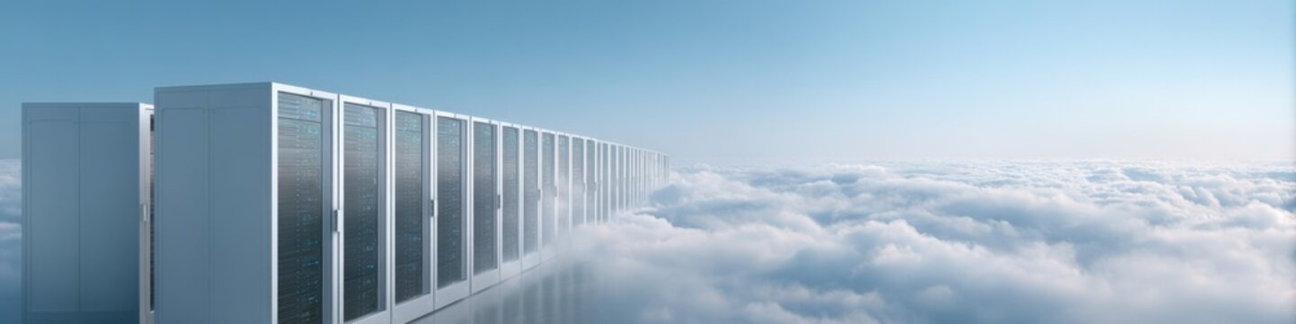 Row cloud servers on elevated platform above soft clouds and endless horizon under blue sky symbolizing cloud computing infrastructure and scalable remote data storage