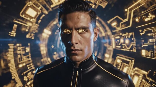Man in black leather jacket with yellow lines standing in futuristic cityscape with gold circuit boards