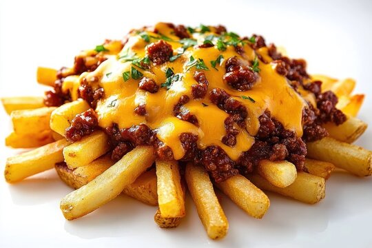 Heaping pile of golden french fries topped with savory ground beef chili, melted cheddar cheese and chopped parsley, warm and indulgent