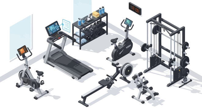 Isometric Gym Equipment Illustration with Treadmill, Exercise Bikes, and Weight Machines