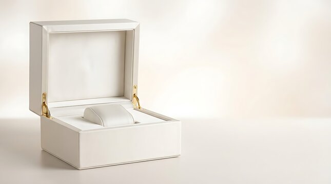 Elegant empty white leather jewelry box open for watch or bracelet display on soft luxury background