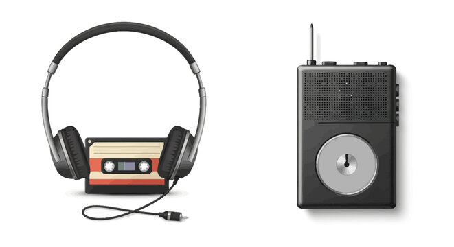 Vintage audio equipment with black headphones on cassette tape and transistor radio isolated on white