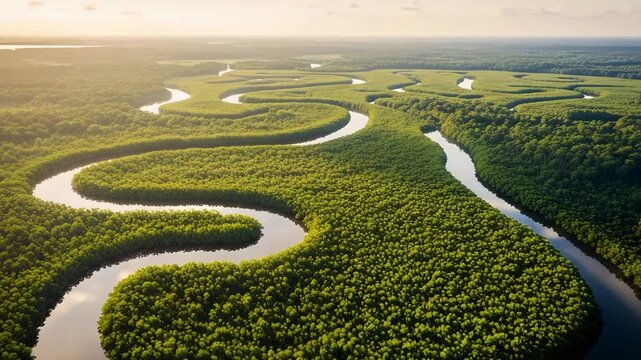 Aerial view of a winding river through a lush green rainforest