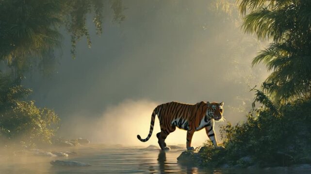 Majestic tiger walking through a shallow river in a dense tropical rainforest during the early morning golden hour light rays